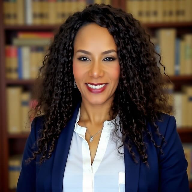 Mabel Asprilla, author and chef, smiling in a professional setting with bookshelves in the background, promoting Colombian cuisine and her culinary works.
