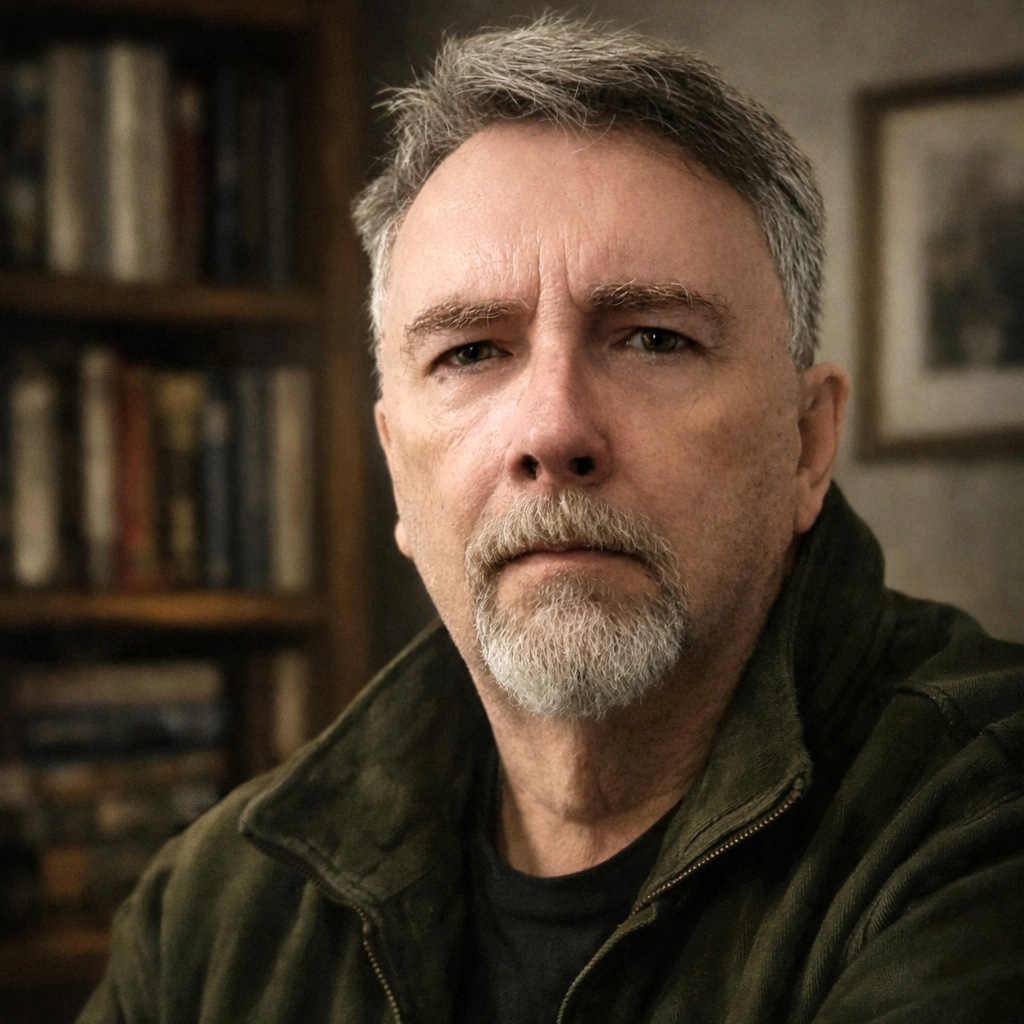 Author E.B. Harding in a black turtleneck, smiling against a blurred city night background with colorful lights, reflecting his mystery writing persona.