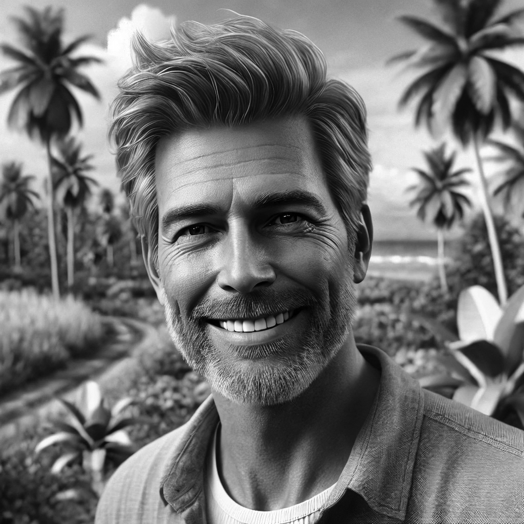 John Randall smiling in a tropical landscape with palm trees, representing his experiences in Colombia and travel literature.